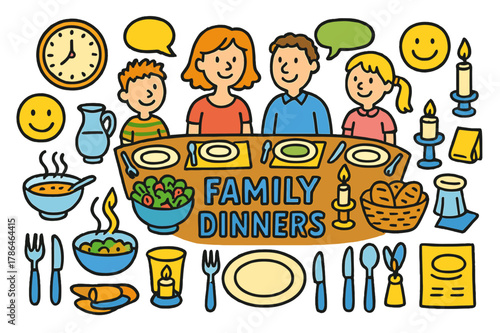 Family Dinner Doodles. Family dinners. Colorful Hand-drawn doodle Children illustration Family dinners dining table, plates, bowls, cutlery, steaming soup,
