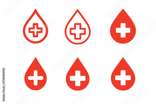 Blood Donation Logos. Philanthropists or nonprofit workers volunteering. Set Logo of blood donation: blood drop with medical cross. Icon set. harmonious logo