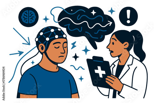 EEG Brain Monitoring Scene. Brain disorders and conditions. Patient wearing EEG cap with abstract floating neural waves, arrows, and sparkles; emphasizes