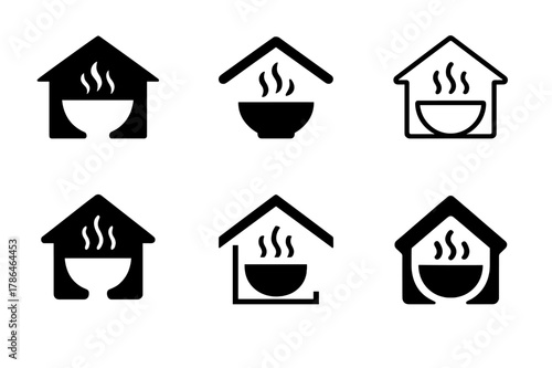 Migrant Shelter Logos. Migrant shelters. Set Logo of Migrant shelters: soup bowl with steam under shelter roof. Icon set. harmonious logo variations of the