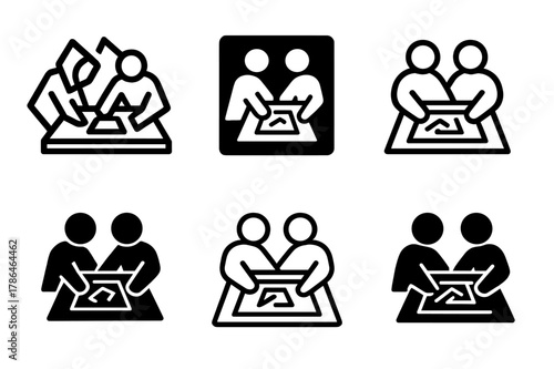 Collaborative Artistic Logos. Artists working together in a workshop. Set Logo of Artists working together in a workshop: lightbox table with tracing sheets.