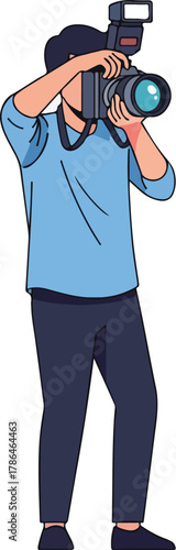 Male Photographer or Videographer Taking Photo with Professional DSLR Camera and External Flash Isolated