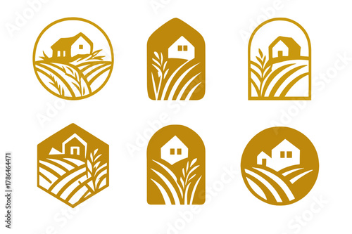 Golden Wheat Logos. A field of golden wheat swaying in the breeze. Set Logo of a field of golden wheat swaying in the breeze: farmhouse and field vignette.