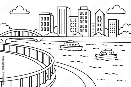 Cityside Coloring Fun. City embankment scene children?s coloring book illustration, outlined drawing, simple tall buildings behind a curved railing beside a