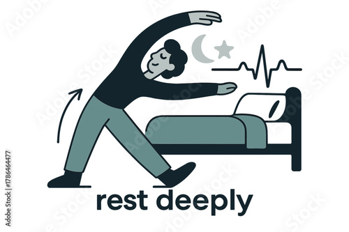 Dynamic Sleep Visualization. Exercise ? Better Sleep. A figure stretches into a bed shape; floating moon and star icons fade into a heartbeat line. Caption