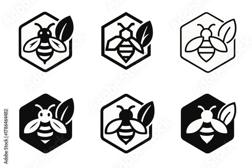 Bee Conservation Logos. Bee conservation initiatives. Icon set. Set Logo of bee conservation initiatives: hexagonal hive with a leaf motif. harmonious logo