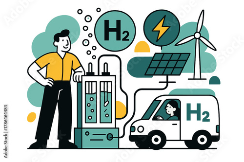 Green Hydrogen Ecosystem. Green Hydrogen Production. Electrolyzer stacks hum; bubbles lift into an ?H?? badge while a lightning icon feeds from solar and wind