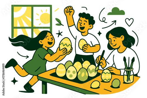 Easter Morning Serenity. Easter morning joy. Sunlight through the window, a table full of freshly painted eggs