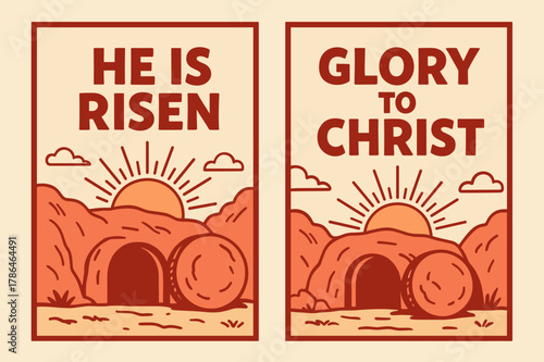 Resurrection Banners. Resurrection Glory. Two vertical A6 banners with safe margins, centered composition, no elements touching edges, cartoon, crimson and
