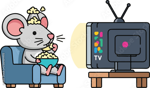 Cute Cartoon Mouse Relaxing and Eating Popcorn While Watching Old TV Entertainment