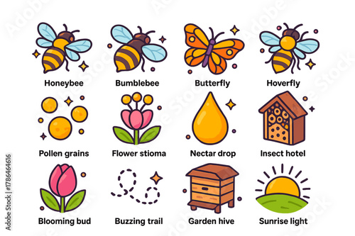 Blooming Pollinators Icons. Pollinators in early bloom. Colorful isometric vector icons set of Pollinators in early bloom: honeybee, bumblebee, butterfly,
