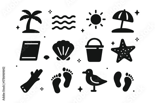 Tropical Shore Icons. Tropical Shore. Solid icons set of Tropical Shore: palm tree, sand, ocean waves, sun, beach umbrella, towel, seashell, bucket, starfish,