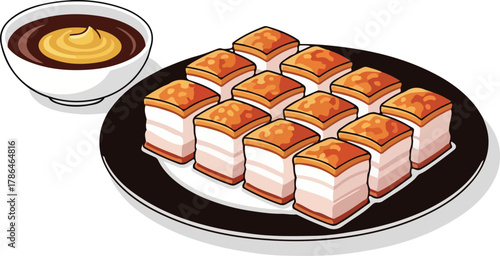 Delicious Crispy Roasted Pork Belly Bites with Dipping Sauce Vector Illustration
