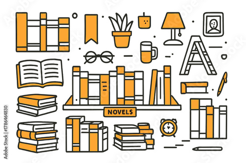 Whimsical Bookshelf Scene. Novel collection. Hand-drawn doodle illustration bookshelf (colored), hardcover books (colored), paperback books (colored), book