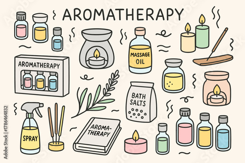 Aromatherapy Essentials Doodle. Aromatherapy. Hand-drawn doodle illustration Aromatherapy, essential oils, diffusers, candles, colored essential oils, accented