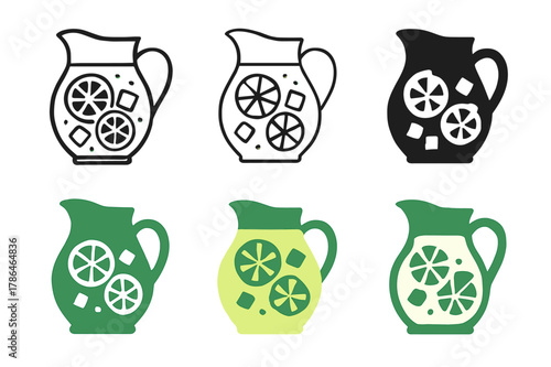 Lemonade Logo Variations. Lemonade stand decor and ideas for kids. Set Logo of lemonade stand decor and ideas for kids: glass pitcher with lemon slices and