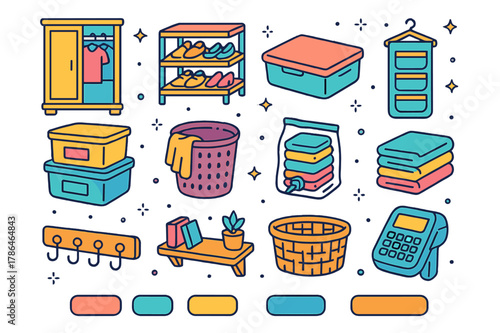 Colorful Storage Icons. Home organization storage. Colorful isometric vector icons set of Home organization storage: wardrobe, shoe rack, under-bed box,