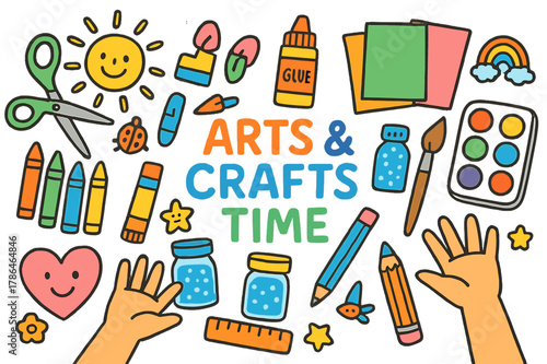 Creative Kids' Toolkit. Arts and crafts time. Colorful Hand-drawn doodle Children illustration Arts and crafts time scissors, glue stick, crayons, colored