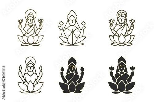 Mystical Deity Icon Set. Ancient gods and goddesses in a mystical landscape. Set Logo of Ancient gods and goddesses in a mystical landscape: Lakshmi lotus.