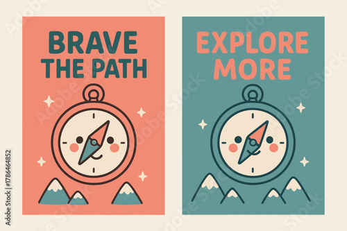 Adventure Banners. Adventure. Two vertical A6 banners with safe margins, centered composition, no elements touching edges, kawaii, coral and teal, smiling