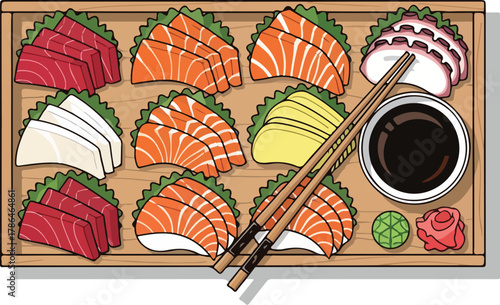 Vibrant Assortment of Fresh Japanese Sashimi Platter Illustration on Wooden Tray