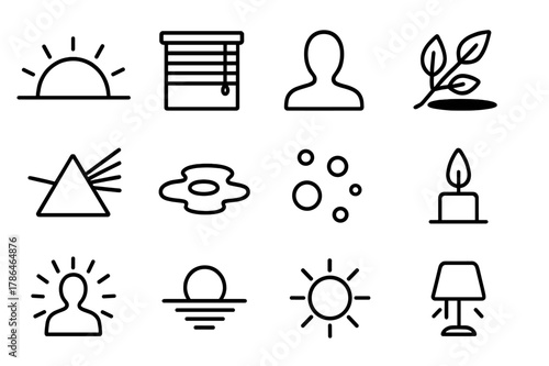 Light and Shadow Icons. Light and Shadow. Line icon set of Light and Shadow: sunbeam, window blinds, silhouette, shadow of leaves, prism rainbow, reflection