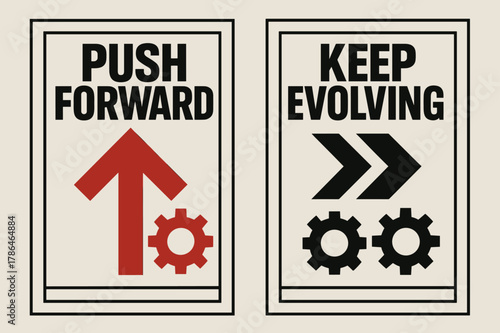 Push Forward Banners. Push forward. Two vertical A6 banners with safe margins, centered composition, no elements touching edges, brutalist, black and red,