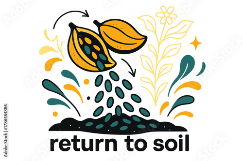 Seeds and Soil. Seeds ? Harvest Memory. Open pod spills mature seeds onto the earth; ghosted outlines hint at past growth above. Text ?return to soil?. Modern