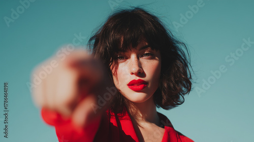 Wallpaper Mural Brunette Woman with Blue Eyes and Red Lipstick on Pastel Light Blue Background, Cinematic Kodak-Style Fashion Portrait, Minimalist Gesture Toward Camera Torontodigital.ca
