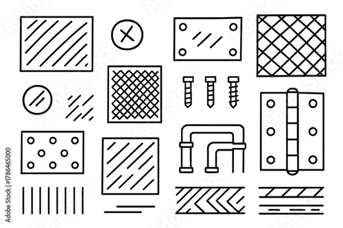 Hand-drawn Metal Textures. Metal textures. Hand-drawn doodle illustration metal textures brushed steel, grid plate, rivets, mesh, screw head, scratched