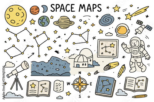 Colorful Space Doodles. Space maps. Hand-drawn doodle illustration constellations (colored), stars (colored), planets (colored), moon (colored), telescope