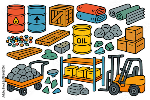 Colorful Raw Materials Icons. Raw materials. Colorful Hand-drawn doodle Children illustration Raw materials barrels, crates, fabric rolls, metal sheet, plastic