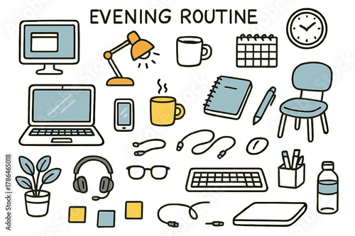 Evening Doodle Workspace. Evening routine. Hand-drawn doodle illustration laptop (colored), computer screen (colored), smartphone (colored), coffee cup