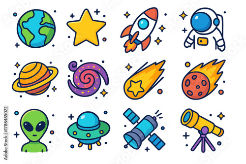 Colorful Space Icons. Space. Colorful isometric vector icons set of Space: planets, stars, rockets, astronauts, galaxies, comets, meteors, aliens, spaceships,