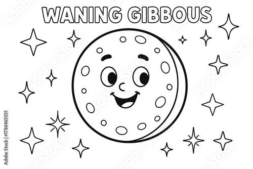 Happy Moon Coloring Page. Waning gibbous children?s coloring book illustration, outlined drawing, happy moon