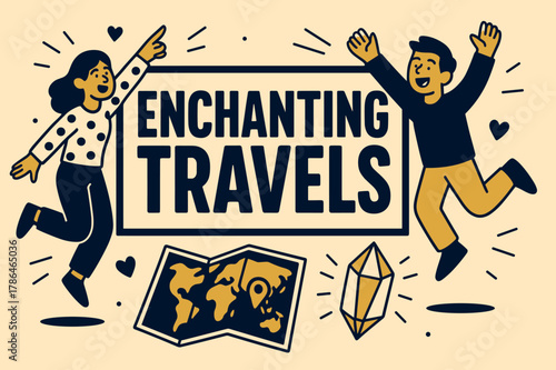 Enchanting Travel Adventure. Enchanting travels banner, flat vector illustration, bold oversized text inside rectangular frame, cartoon characters pointing and