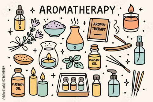 Aromatherapy Essentials Doodle. Aromatherapy. Hand-drawn doodle illustration Aromatherapy, essential oils, diffusers, candles, colored essential oils, accented