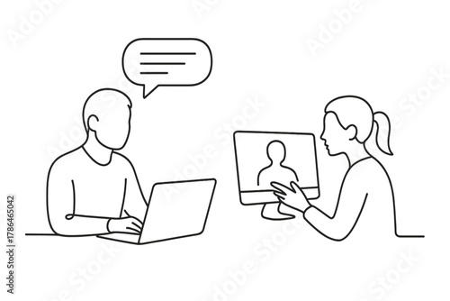 Virtual Team Discussion. Virtual Collaboration. Minimalistic one-line drawing employees discussing points via