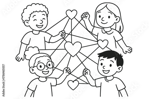 Friends Web of Hearts. Relationship anarchy children?s coloring book illustration, outlined drawing, group of diverse friends creating a web of hearts,