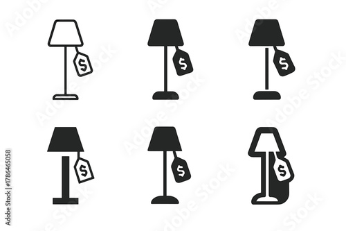 Budget Decor Icons. Home decor on a budget. Icon set. Set Logo of Home decor on a budget: secondhand floor lamp. harmonious logo variations of the same