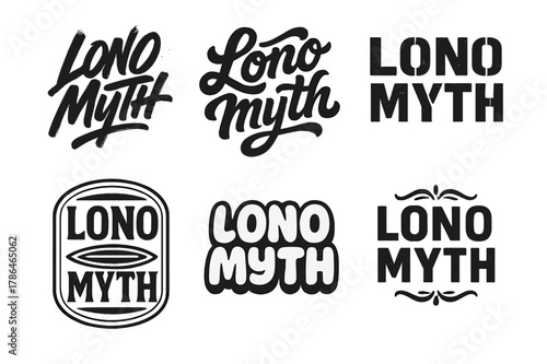 Diverse Lettering Styles. Lono Myth. Set lettering. harmonious lettering variations of the same emblematic concept, each with different artistic interpretation
