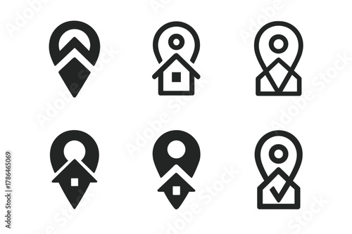 Real Estate Logos. Real estate and property listings. Set Logo of real estate and property listings: map pin on house roof. Icon set. harmonious logo