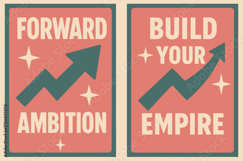 Forward Ambition Banners. Forward ambition. Two vertical A6 banners with safe margins, centered composition, no elements touching edges, retro, pink and teal,