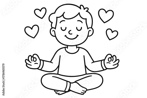 Meditation Coloring Page. Relaxation time children?s coloring book illustration, outlined drawing, cheerful