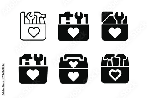 Heart Toolbox Icons. Volunteering to help a family member with home maintenance tasks. Set Logo of volunteering to help a family member with home maintenance