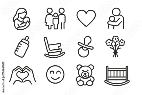 Parental Love Icons. Parental love. Line icon set of parental love: mother holding baby, family, heart, hug, baby bottle, rocking chair, pacifier, flowers,
