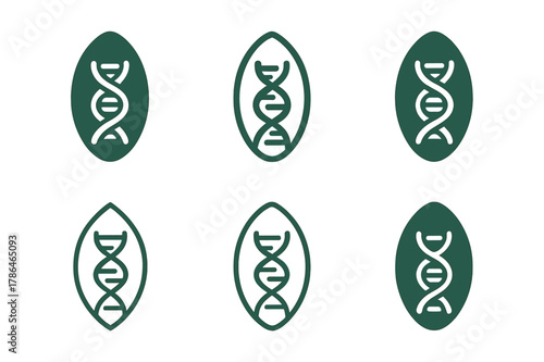 GMOs Logo Variations. Genetically modified plants and animals. Set Logo of Genetically modified plants and animals: rice grain with helix overlay. Icon set.