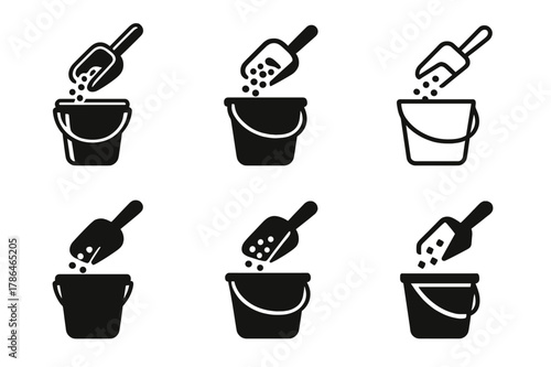 Feed Bucket Icons. feed bucket. Icon set. Set Logo of feed bucket: scoop pouring pellets into bucket. harmonious logo variations of the same emblematic