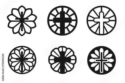 Christianity Influence Icons. Christianity and its influence on Western culture. Set Logo of Christianity and its influence on Western culture: cathedral rose