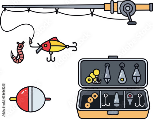 Colorful Cartoon Fishing Gear Illustration Rod Lures Bobber and Tackle Box Icons